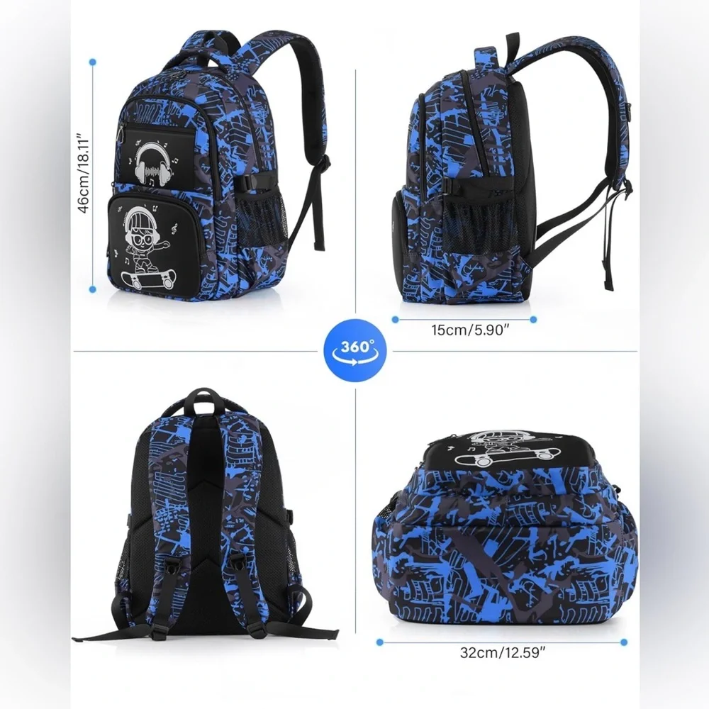 New Blue Glow-in-the-Dark Backpack School Book bag Travel Skate Bag Laptop